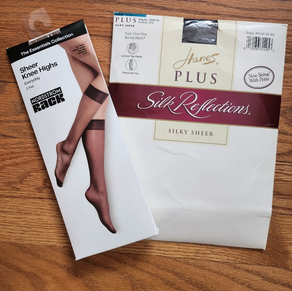 Hanes.Plus Silk Reflections Silky Sheer One Plus Black+ Knee Highs Brown Taupe